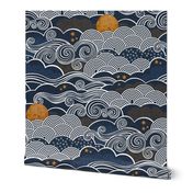 Cozy Night Sky Extra Large- Full Moon and Stars Over the Clouds- Navy Blue- Indigo- Gold- Mustard- Home Decor- Wallpaper- Large Scale