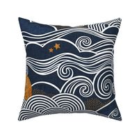 Cozy Night Sky Extra Large- Full Moon and Stars Over the Clouds- Navy Blue- Indigo- Gold- Mustard- Home Decor- Wallpaper- Large Scale