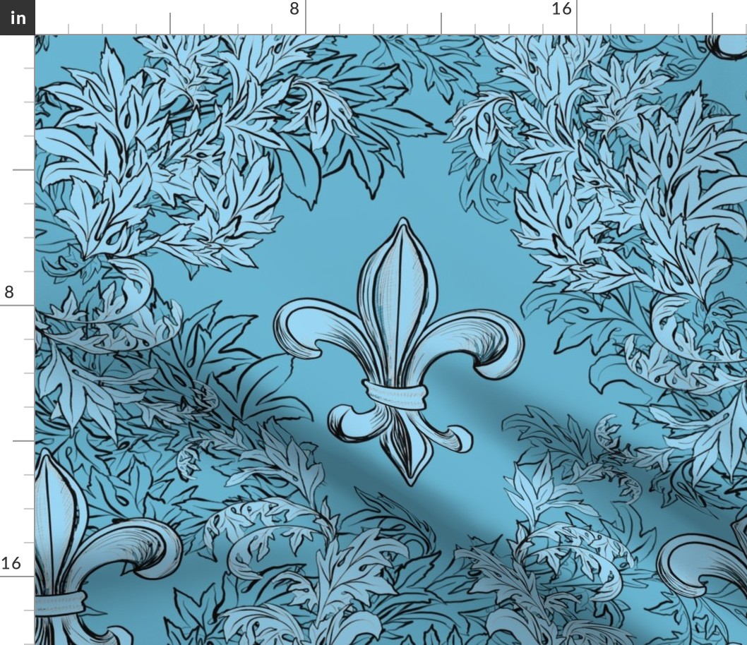 Light Blue Acanthus Fleur de Lis on Aqua Background with black line