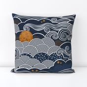 Cozy Night Sky- Navy Blue- Full Moon and Stars Over the Clouds- Moody Sky- Indigo Blue- Denim Blue- Bedroom Wallpaper- Blue Wallpaper- Petal solids Coordinate- Large