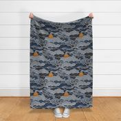 Cozy Night Sky- Navy Blue- Full Moon and Stars Over the Clouds- Moody Sky- Indigo Blue- Denim Blue- Bedroom Wallpaper- Blue Wallpaper- Petal solids Coordinate- Large