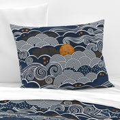 Cozy Night Sky- Navy Blue- Full Moon and Stars Over the Clouds- Moody Sky- Indigo Blue- Denim Blue- Bedroom Wallpaper- Blue Wallpaper- Petal solids Coordinate- Large