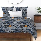 Cozy Night Sky- Navy Blue- Full Moon and Stars Over the Clouds- Moody Sky- Indigo Blue- Denim Blue- Bedroom Wallpaper- Blue Wallpaper- Petal solids Coordinate- Large