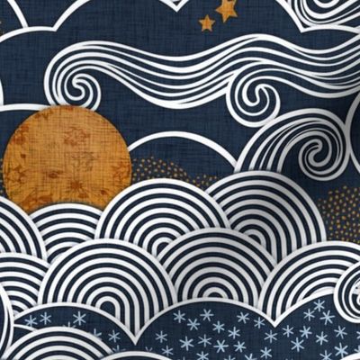 Cozy Night Sky Medium- Full Moon and Stars Over the Clouds- Navy Blue- Indigo- Gold- Mustard- Home Decor- Wallpaper