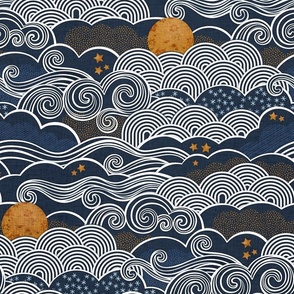 Cozy Night Sky Medium- Full Moon and Stars Over the Clouds- Navy Blue- Indigo- Gold- Mustard- Home Decor- Wallpaper