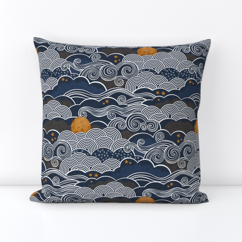 Cozy Night Sky Small- Full Moon and Stars Over the Clouds- Navy Blue- Indigo- Gold- Mustard- Home Decor- Small Scale