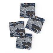 Cozy Night Sky Small- Full Moon and Stars Over the Clouds- Navy Blue- Indigo- Gold- Mustard- Home Decor- Small Scale