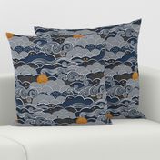 Cozy Night Sky Small- Full Moon and Stars Over the Clouds- Navy Blue- Indigo- Gold- Mustard- Home Decor- Small Scale