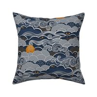 Cozy Night Sky Small- Full Moon and Stars Over the Clouds- Navy Blue- Indigo- Gold- Mustard- Home Decor- Small Scale