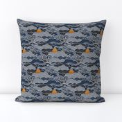 Cozy Night Sky Mini- Full Moon and Stars Over the Clouds- Navy Blue- Indigo- Gold- Mustard- Home Decor- Small Scale