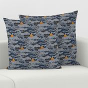 Cozy Night Sky Mini- Full Moon and Stars Over the Clouds- Navy Blue- Indigo- Gold- Mustard- Home Decor- Small Scale