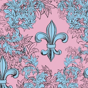 Light Blue Acanthus Fleur de Lis on Pale Raspberry Background with black line