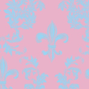 Light Blue Acanthus Fleur de Lis on Pale Raspberry Pink Background