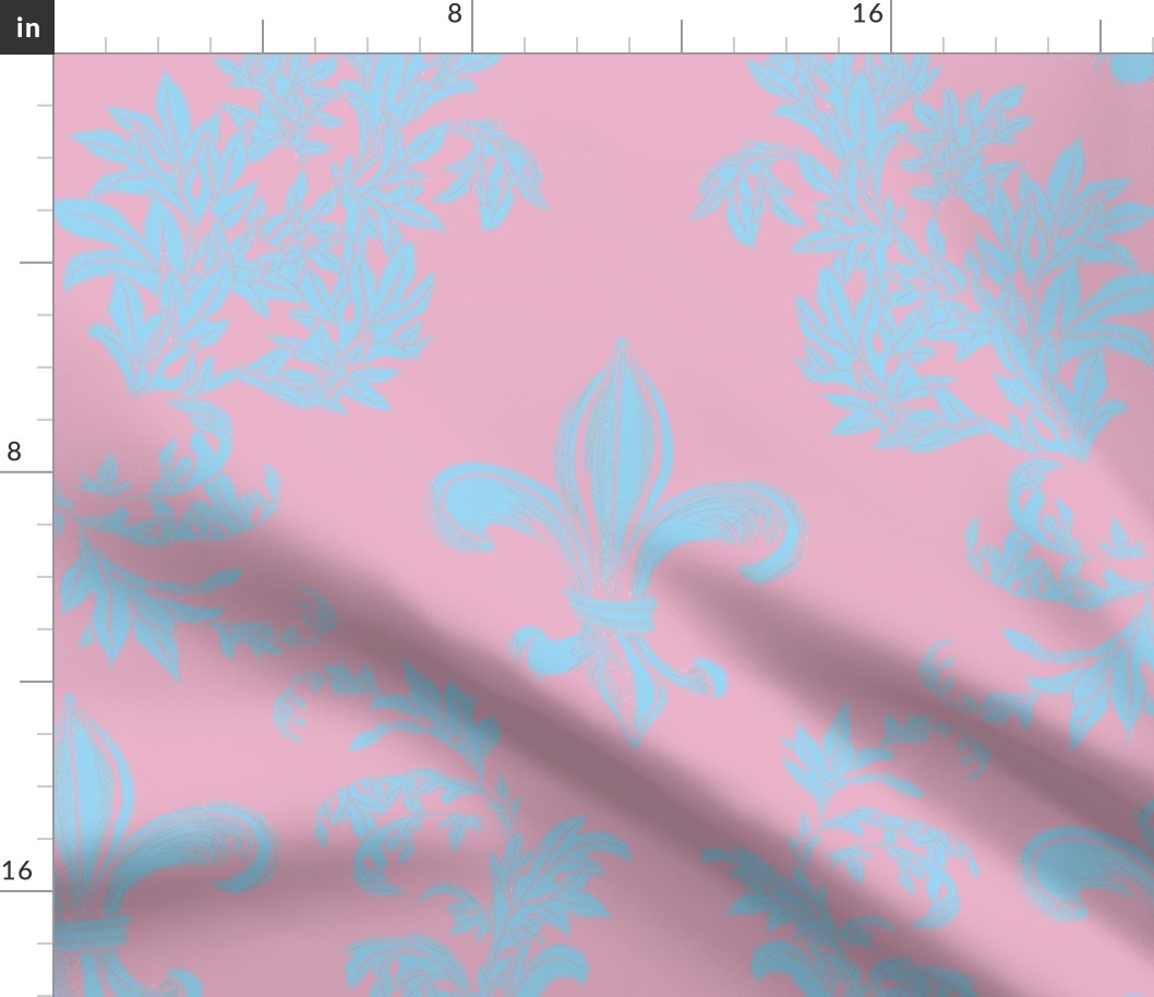 Light Blue Acanthus Fleur de Lis on Pale Raspberry Pink Background