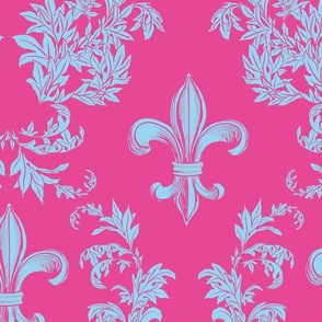 Light Blue Acanthus Fleur de Lis on Raspberry Pink Background