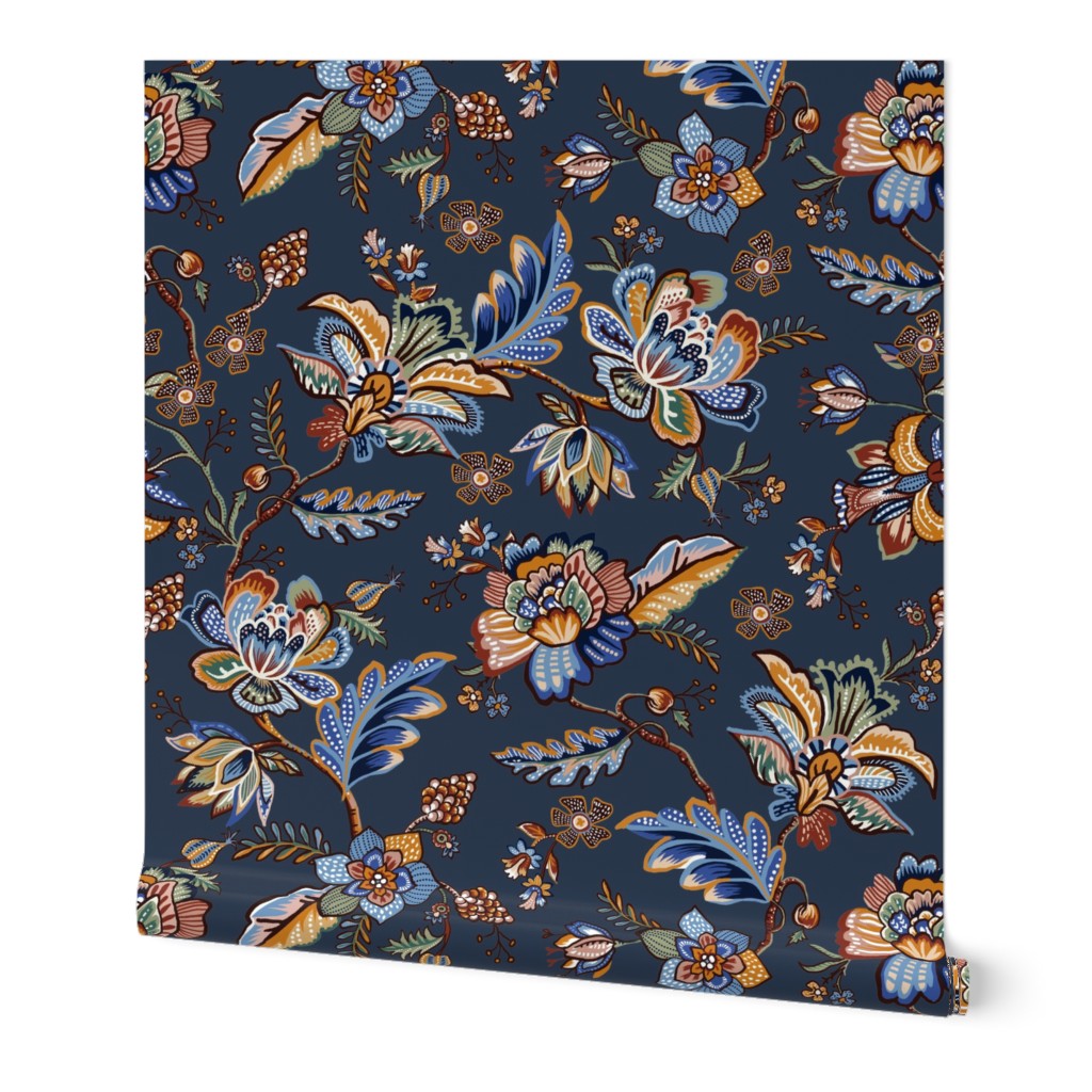 Chinoiserie floral - Blue navy - Chinoiserie Floral Wallpaper - Medium