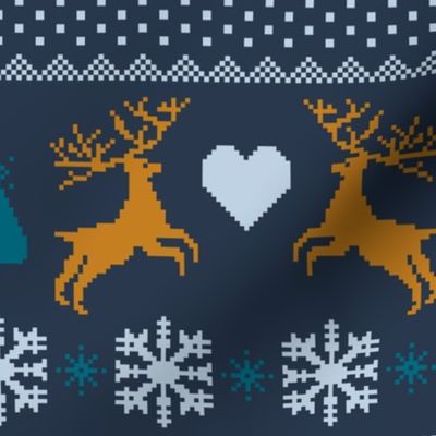 Christmas knit deer in love navy mustard teal