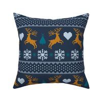 Christmas knit deer in love navy mustard teal