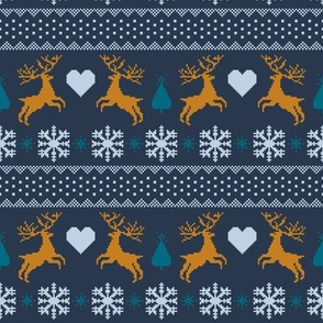 Christmas knit deer in love navy mustard teal