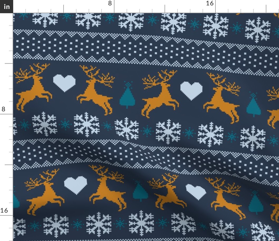 Christmas knit deer in love navy mustard teal