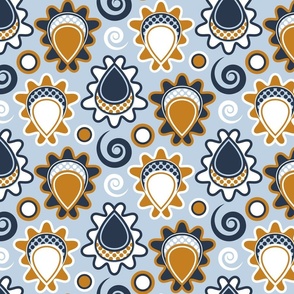 Retro Mid Century Modern Paisley // Sky Blue, Caramel Brown, Navy Blue, White // V1 // Small Scale - 514 DPI