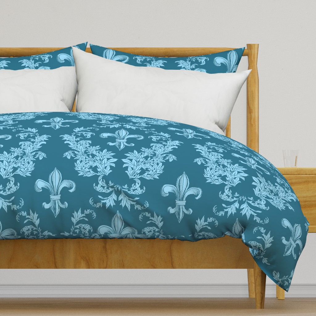 Light Blue Acanthus Fleur de Lis on Teal Background