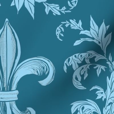 Light Blue Acanthus Fleur de Lis on Teal Background