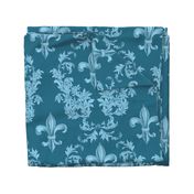 Light Blue Acanthus Fleur de Lis on Teal Background