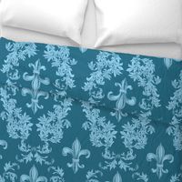 Light Blue Acanthus Fleur de Lis on Teal Background