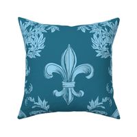 Light Blue Acanthus Fleur de Lis on Teal Background