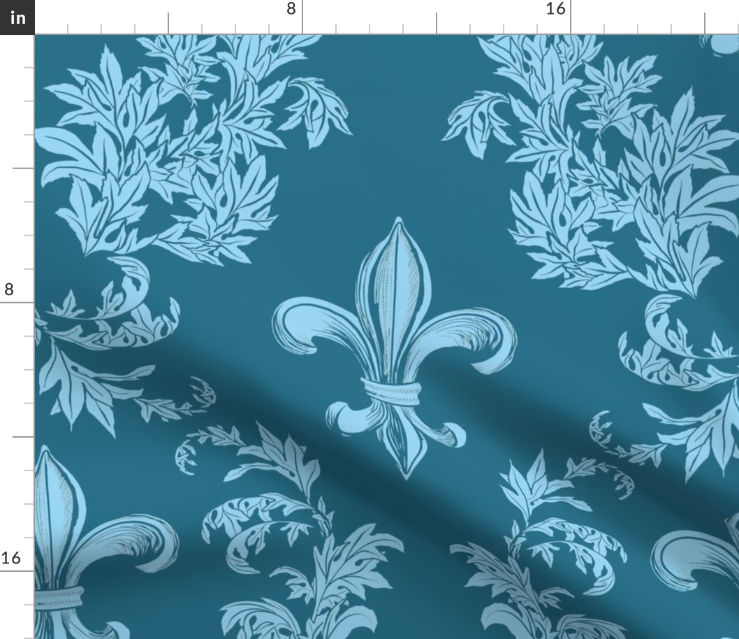 Light Blue Acanthus Fleur de Lis on Teal Background