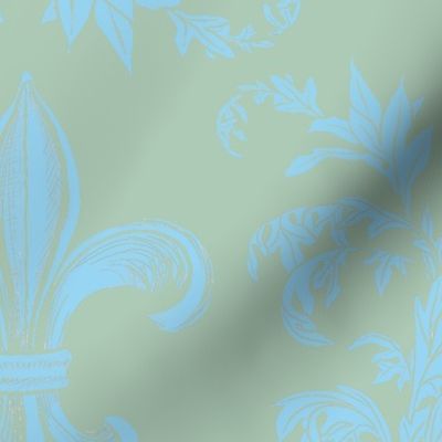 Light Blue Acanthus Fleur de Lis on Celadon Background
