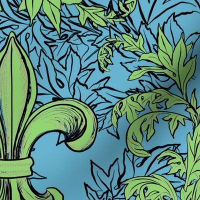 Light Green Acanthus Fleur de Lis on Aqua Background with black line