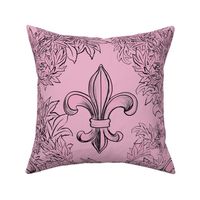 Pink Acanthus Fleur de Lis on pale Raspberry Background with black line