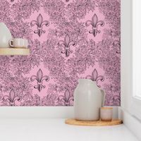 Pink Acanthus Fleur de Lis on pale Raspberry Background with black line