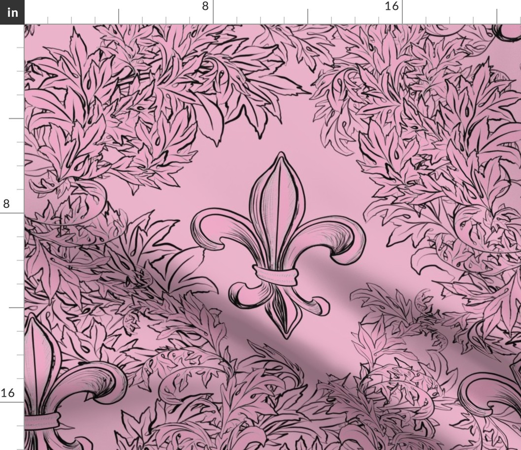 Pink Acanthus Fleur de Lis on pale Raspberry Background with black line