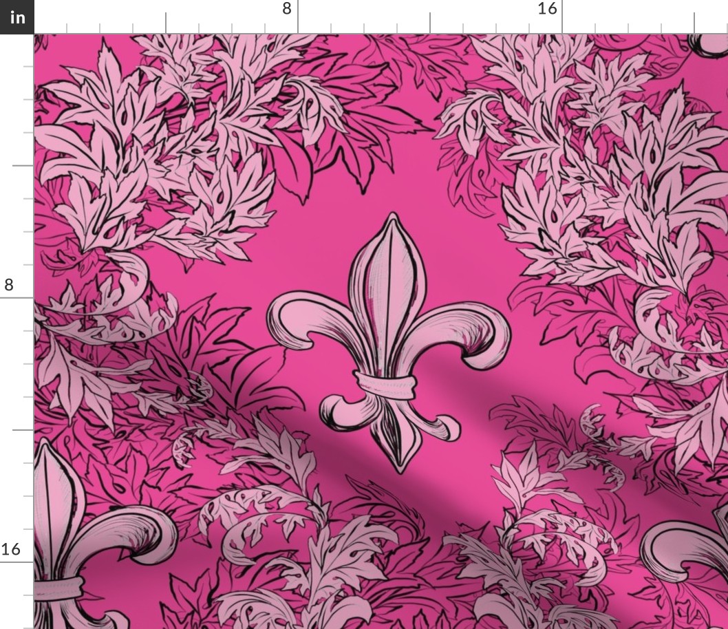Pink Acanthus Fleur de Lis on Raspberry Background with black line
