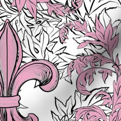 Pink Acanthus Fleur de Lis on White Background with black line