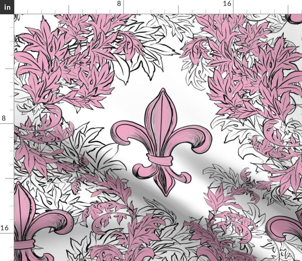 Pink Acanthus Fleur de Lis on White Background with black line