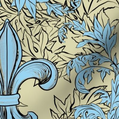 Light Blue Acanthus Fleur de Lis on Cream Background with black line