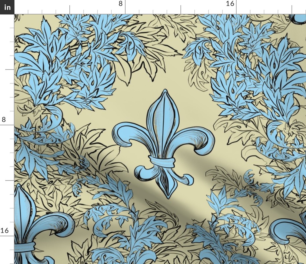 Light Blue Acanthus Fleur de Lis on Cream Background with black line