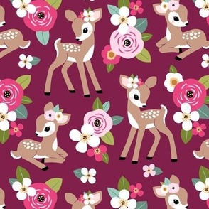 Small Scale / Floral fawn / Burgundy Background