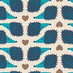 Hedgehogs and Hearts - blue teal on ivory - Petal Solid Coordinate