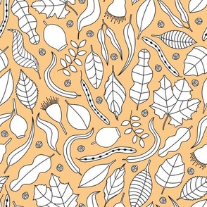 White Fall leaves and ladybugs nature themed pattern on an orange background