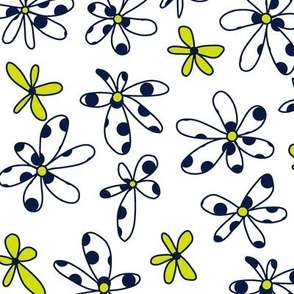 Tossed Irregular Shape Flowers with Midnight Blue Polka Dots and Chartreuse Flowers Non Directional