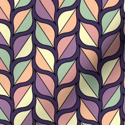 Unisex colorful pastel ogees geometric pattern on a dark and moody deep purple background