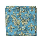 Cream Acanthus Fleur de Lis on Aqua Background with black line