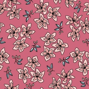 Pretty pink blossoms and buds floral pattern on a dark pink background