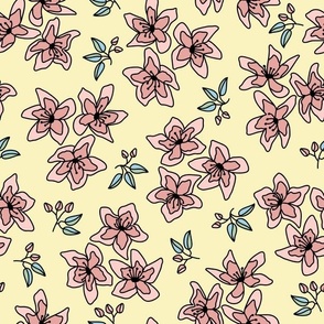 Pretty pink blossoms and buds floral pattern on a pale yellow background