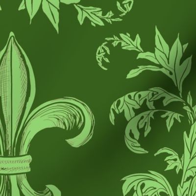 Light Green Acanthus Fleur de Lis on Green Background